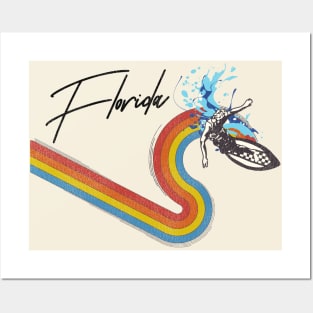 Retro 70s/80s Style Rainbow Surfing Wave Florida Posters and Art